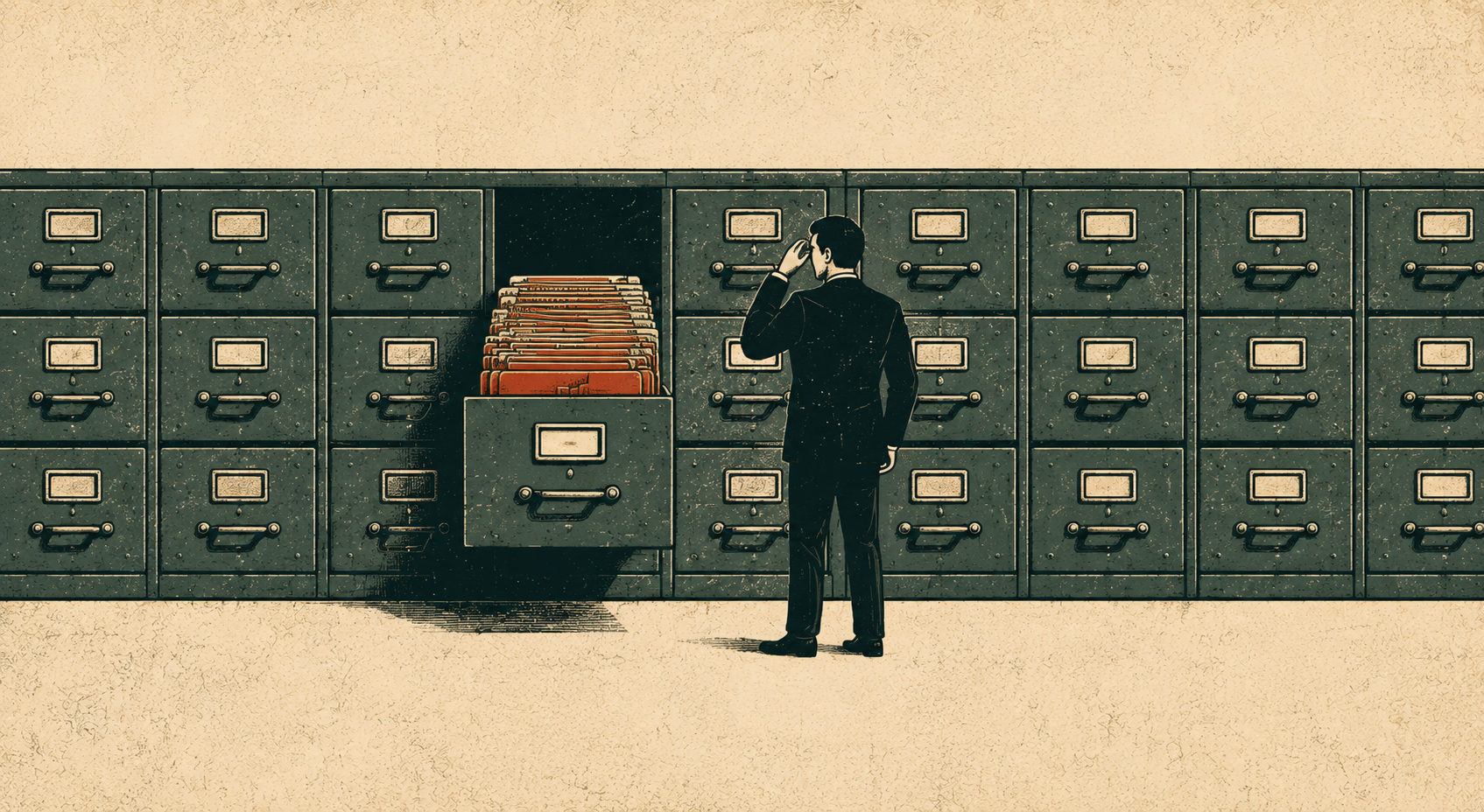 A person navigating an extensive wall of filing cabinets to find information
